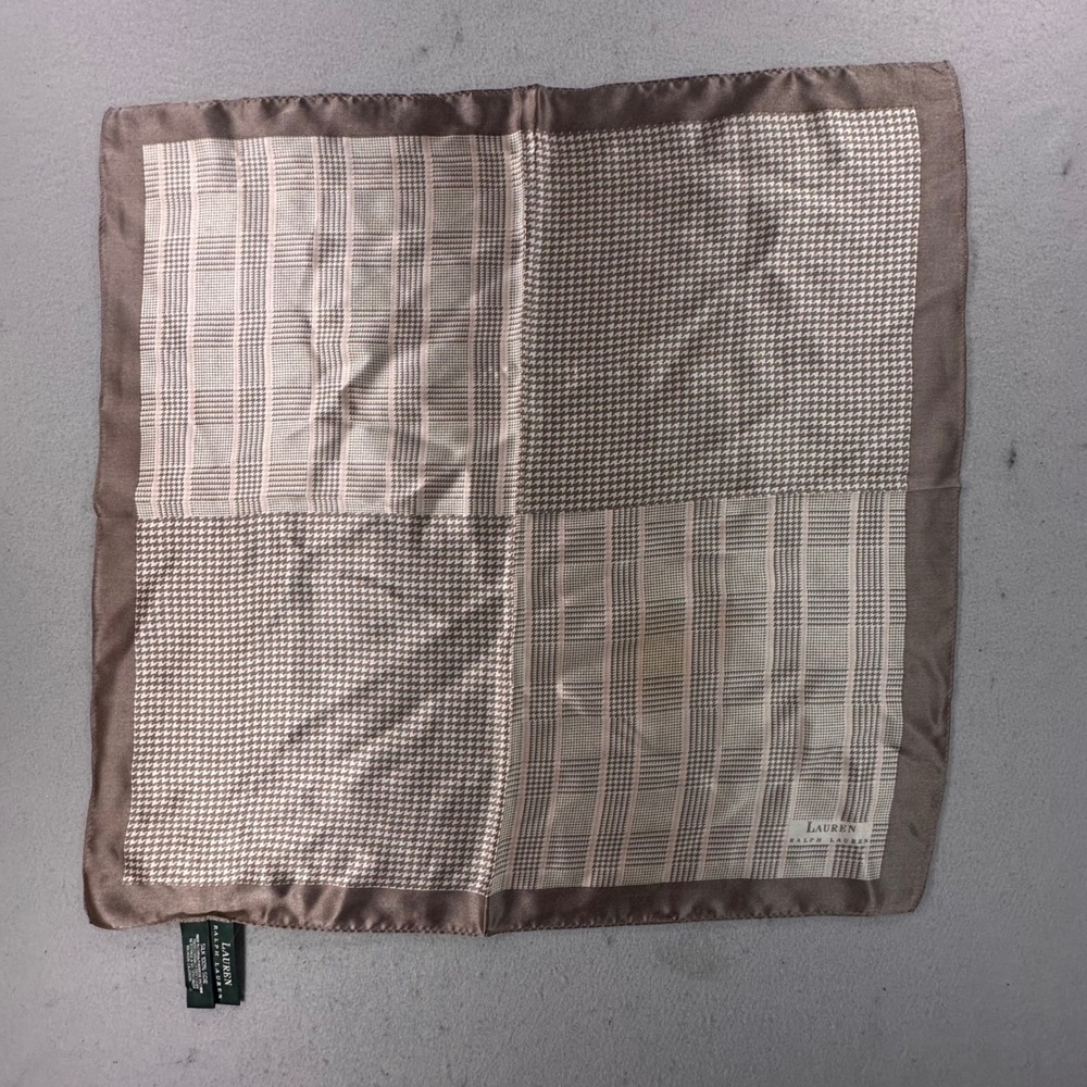 Vintage Lauren Ralph Lauren Silk Scarf Brown Plaid Houndstooth Square Scarf 20"